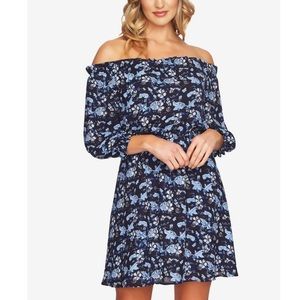 CeCe Blue Floral Off Shoulder Dress